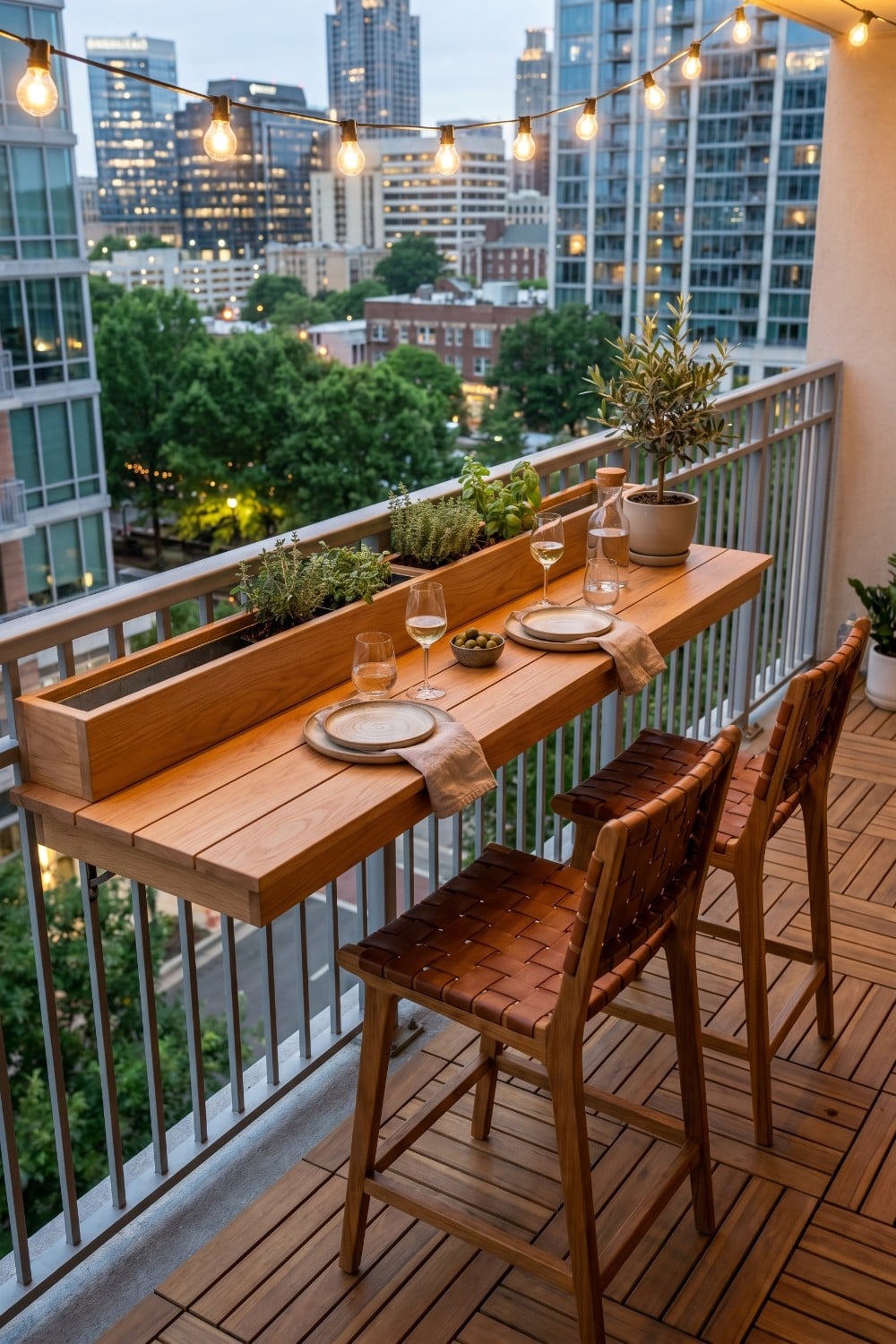 Flat balcony with railing bar and leather stools