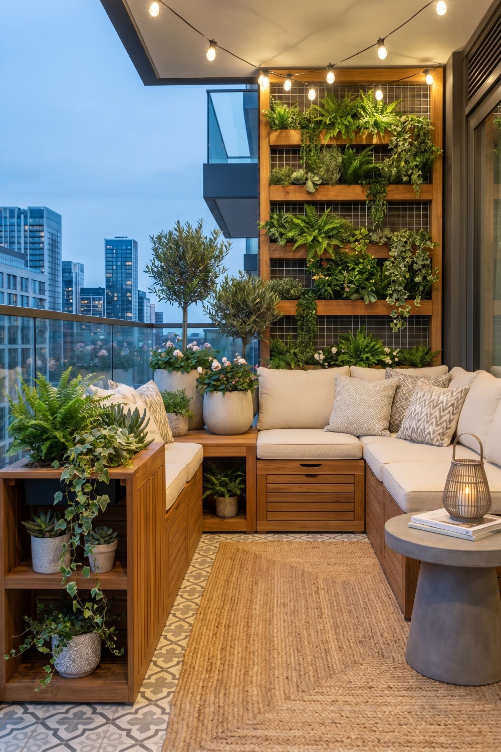 Flat balcony with vertical garden and jute rug