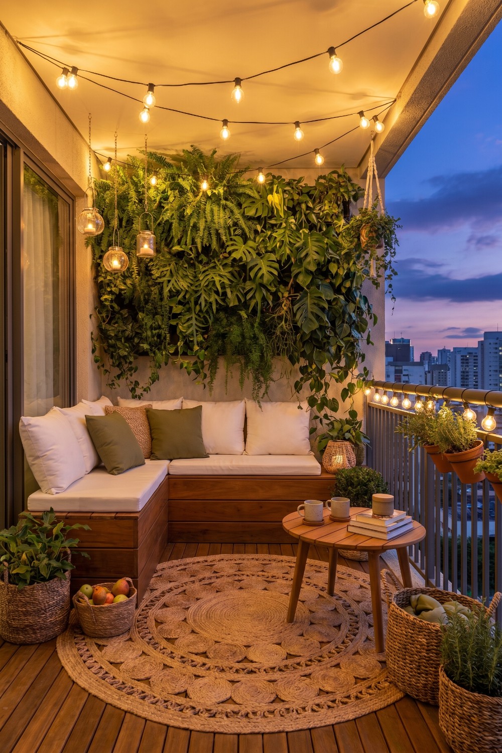 Flat balcony with lush greenery and hanging lanterns