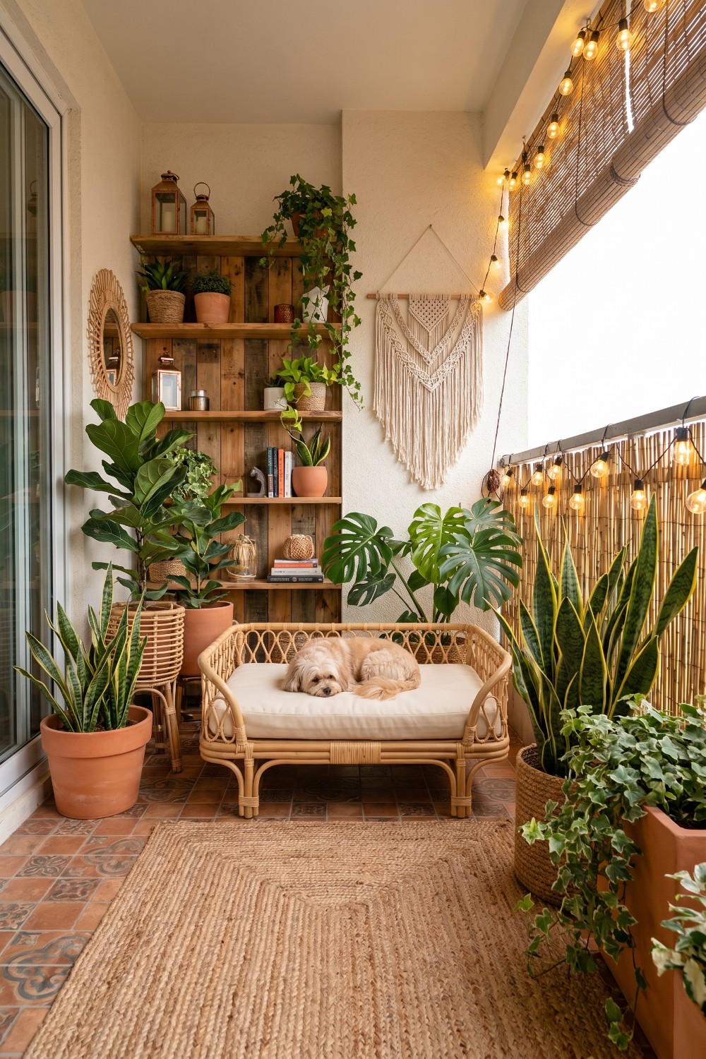 Flat balcony with rattan daybed and bamboo screen