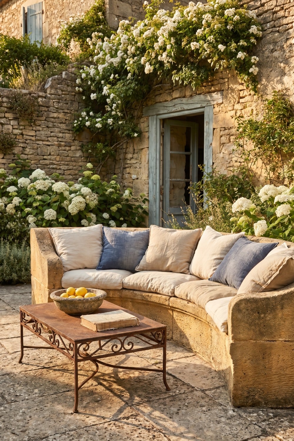 French country patio with stone sofa and linen