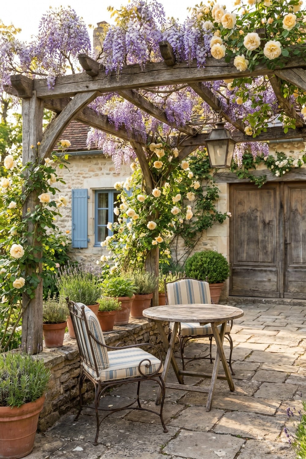 French country patio with yellow climbing roses