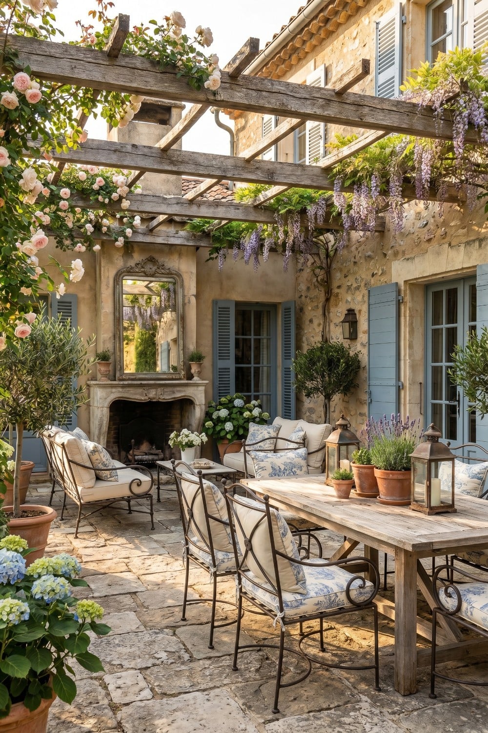 French country patio with stone fireplace and mirror