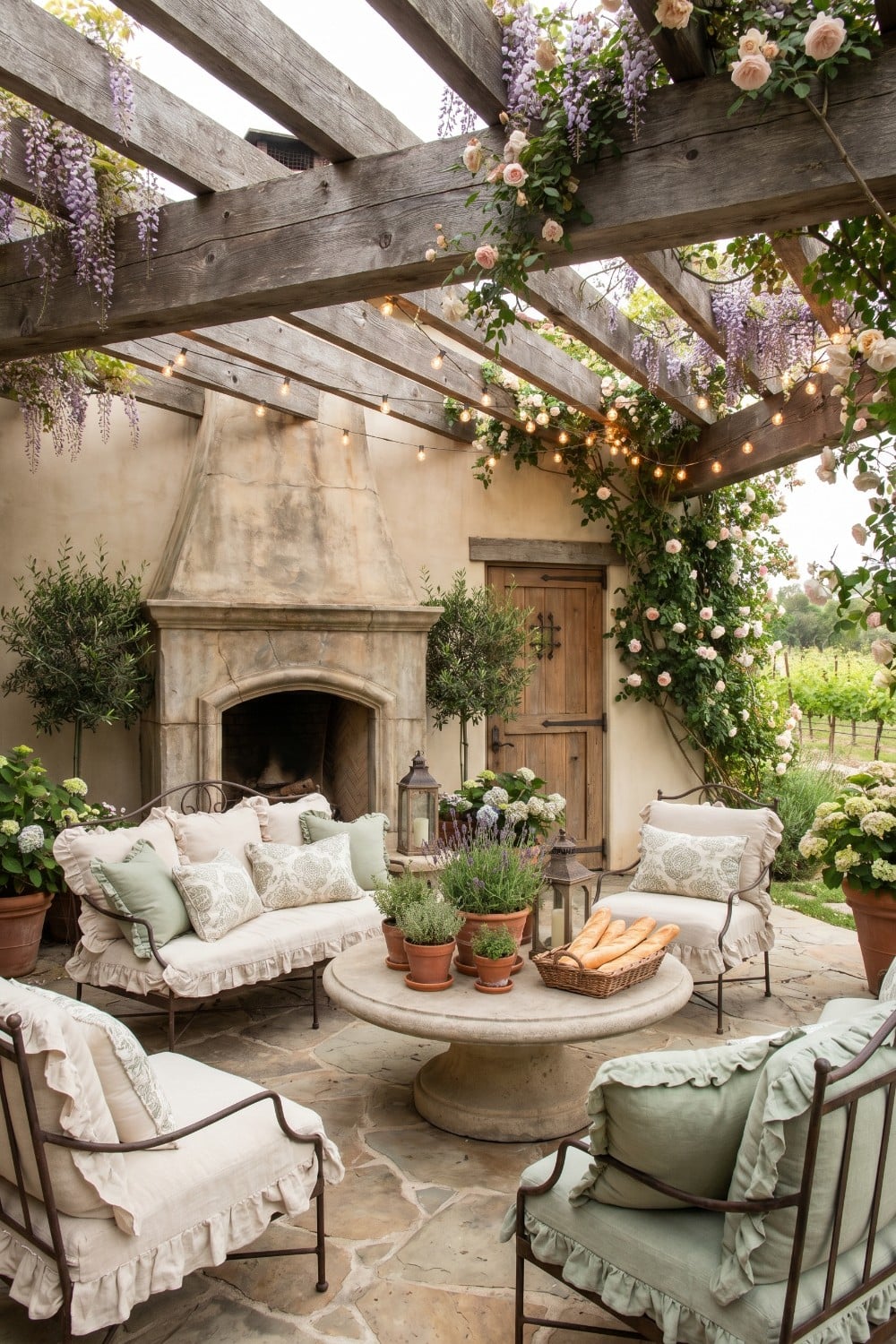 French country patio with ruffles and string lights