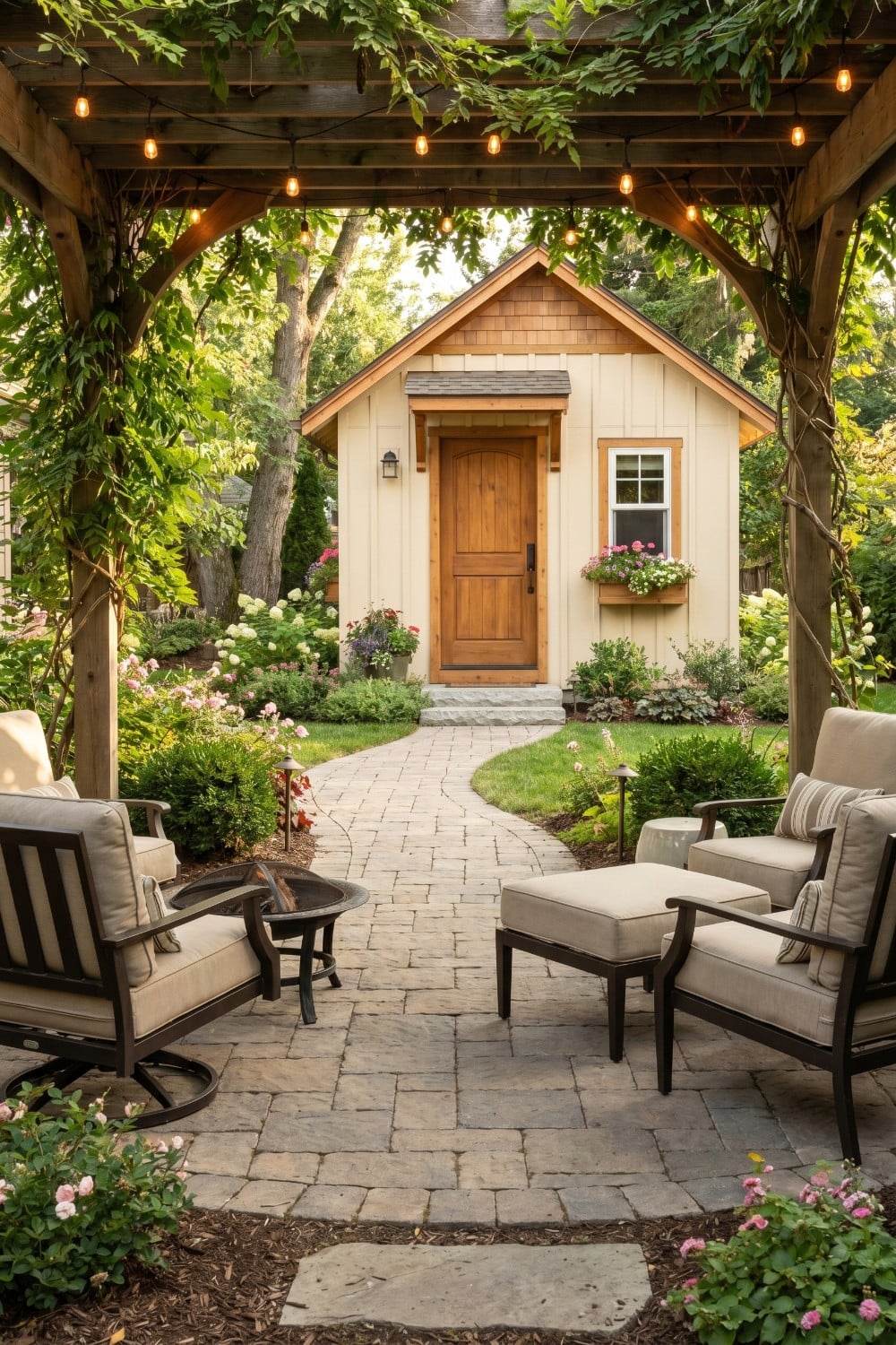 Backyard cottage with stone path and pergola