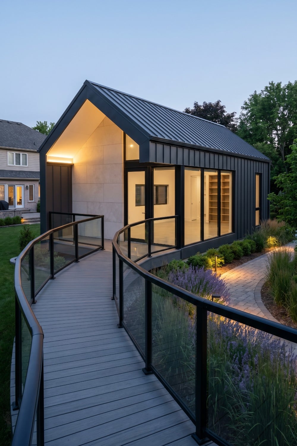 Granny pods backyard cottage with curved glass ramp
