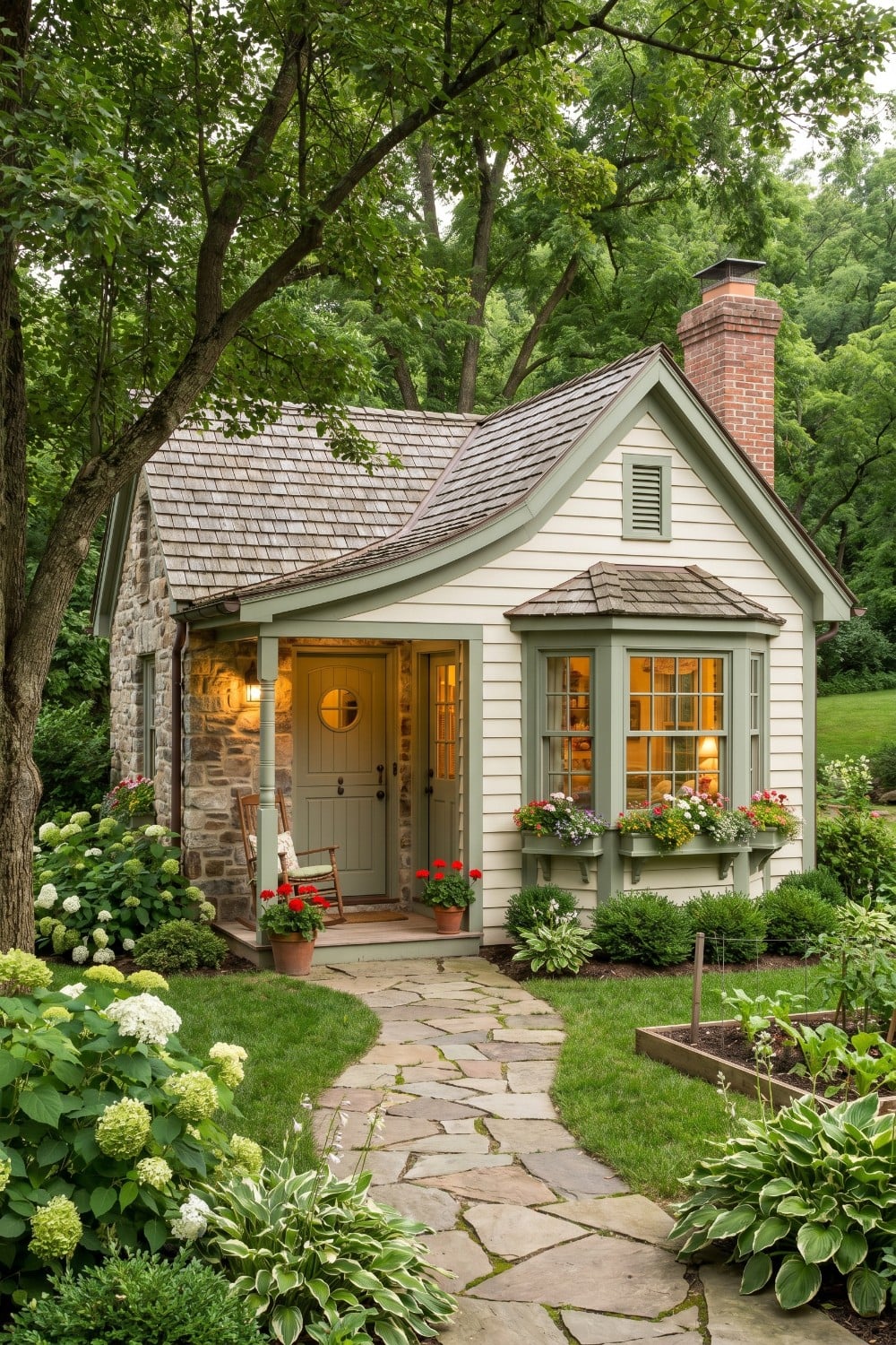 Storybook granny pods backyard cottage with bay window