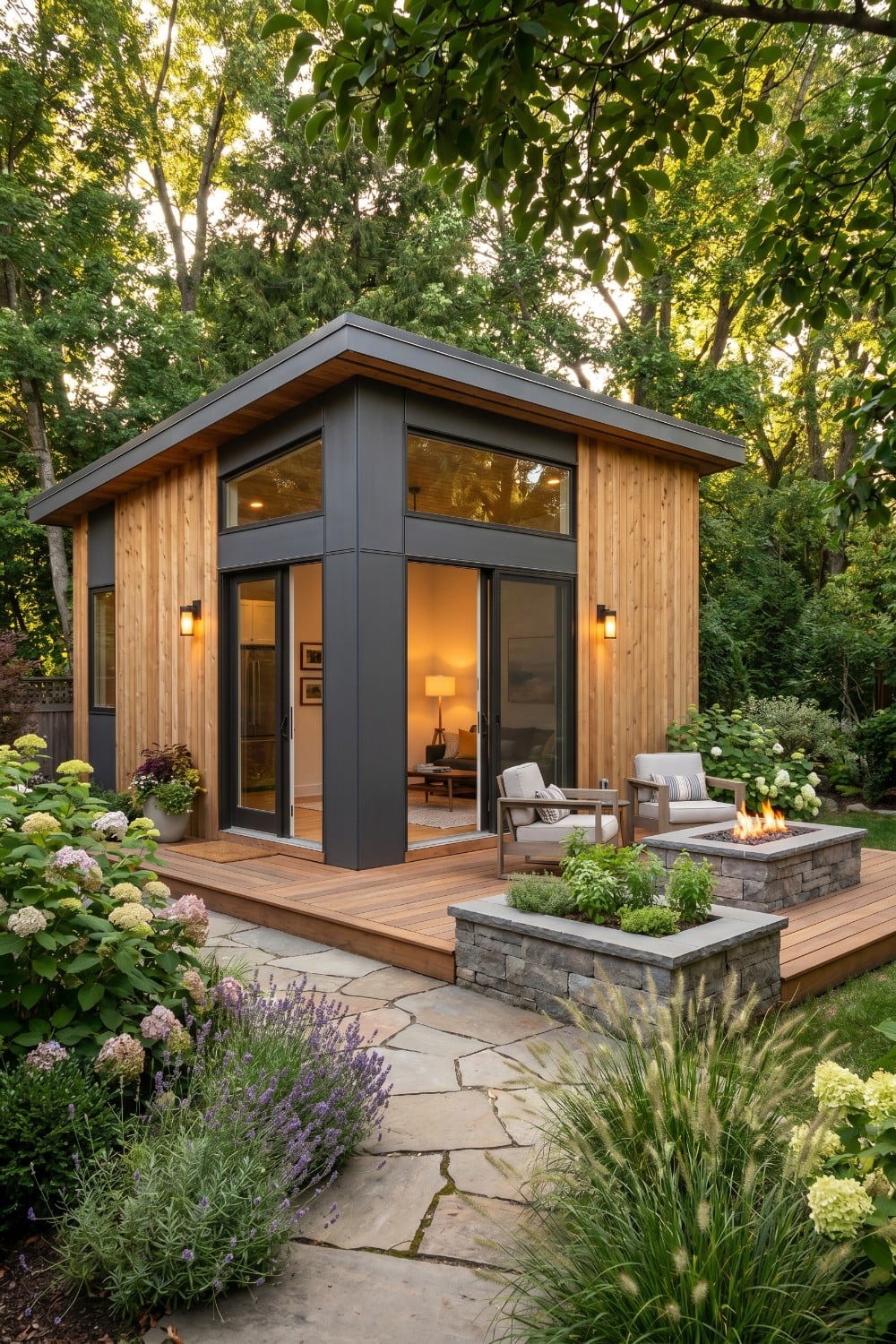 Modern granny pods backyard cottage with fire pit