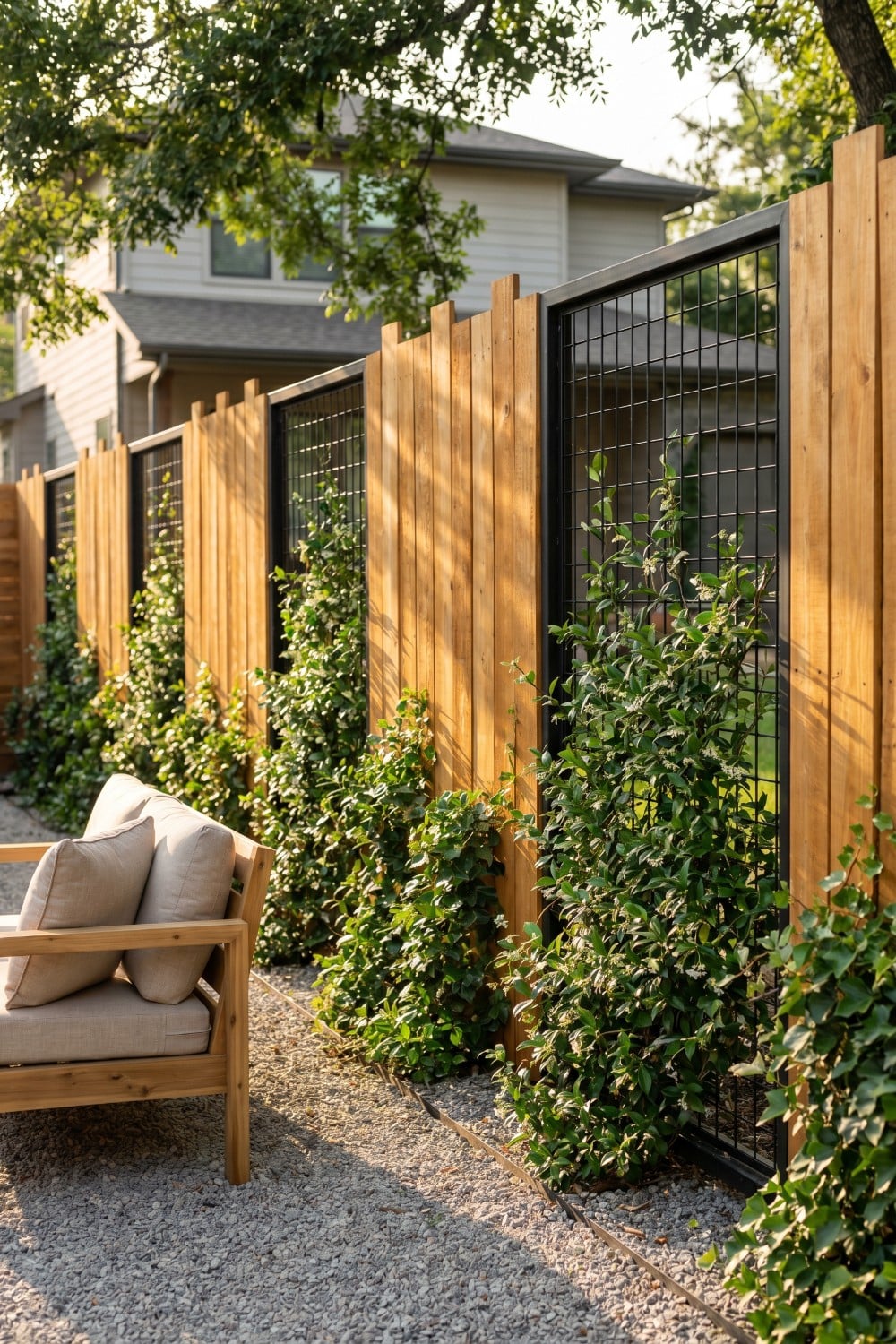 Inexpensive privacy fence with wire mesh and greenery