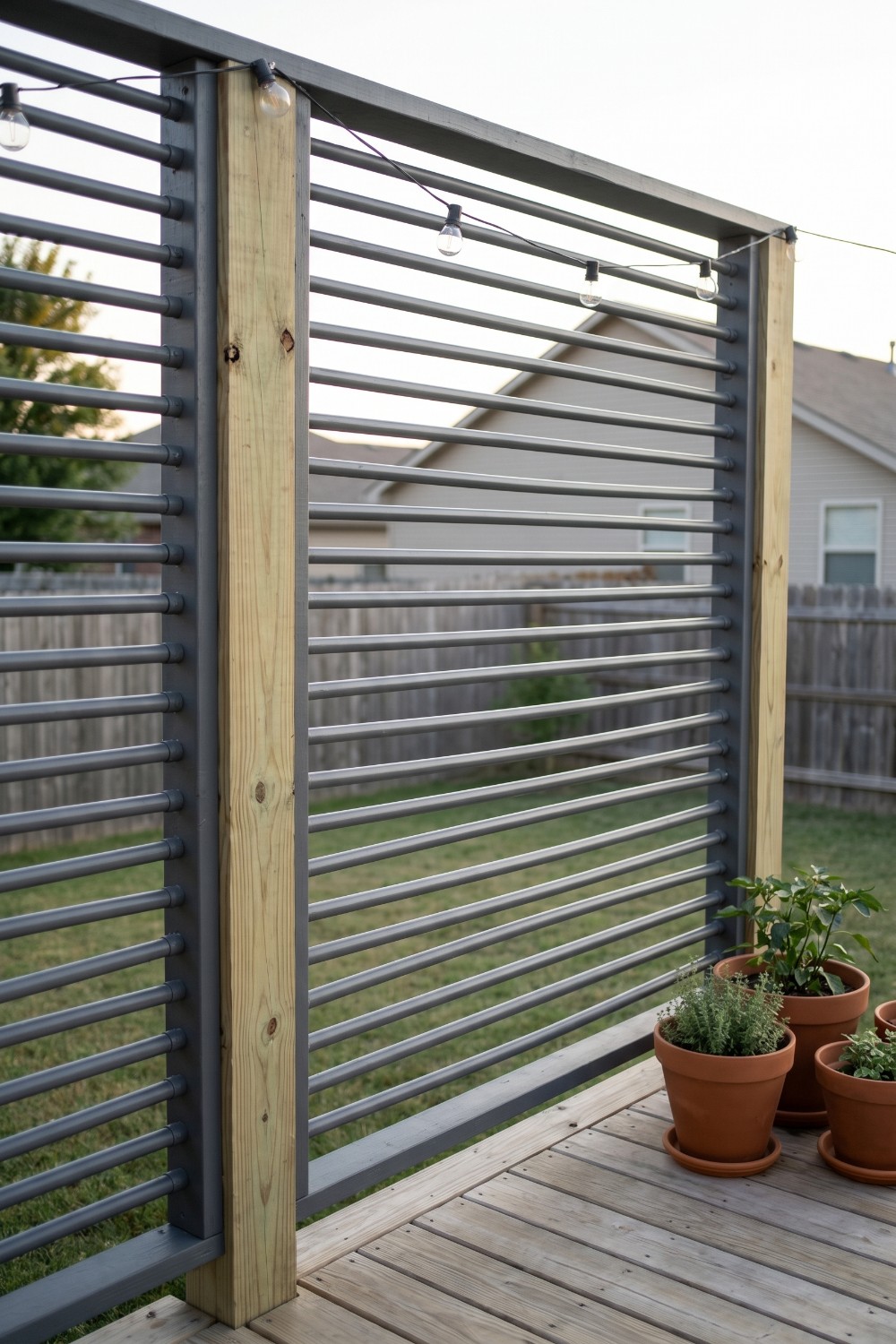 Grey conduit inexpensive privacy fence on a deck