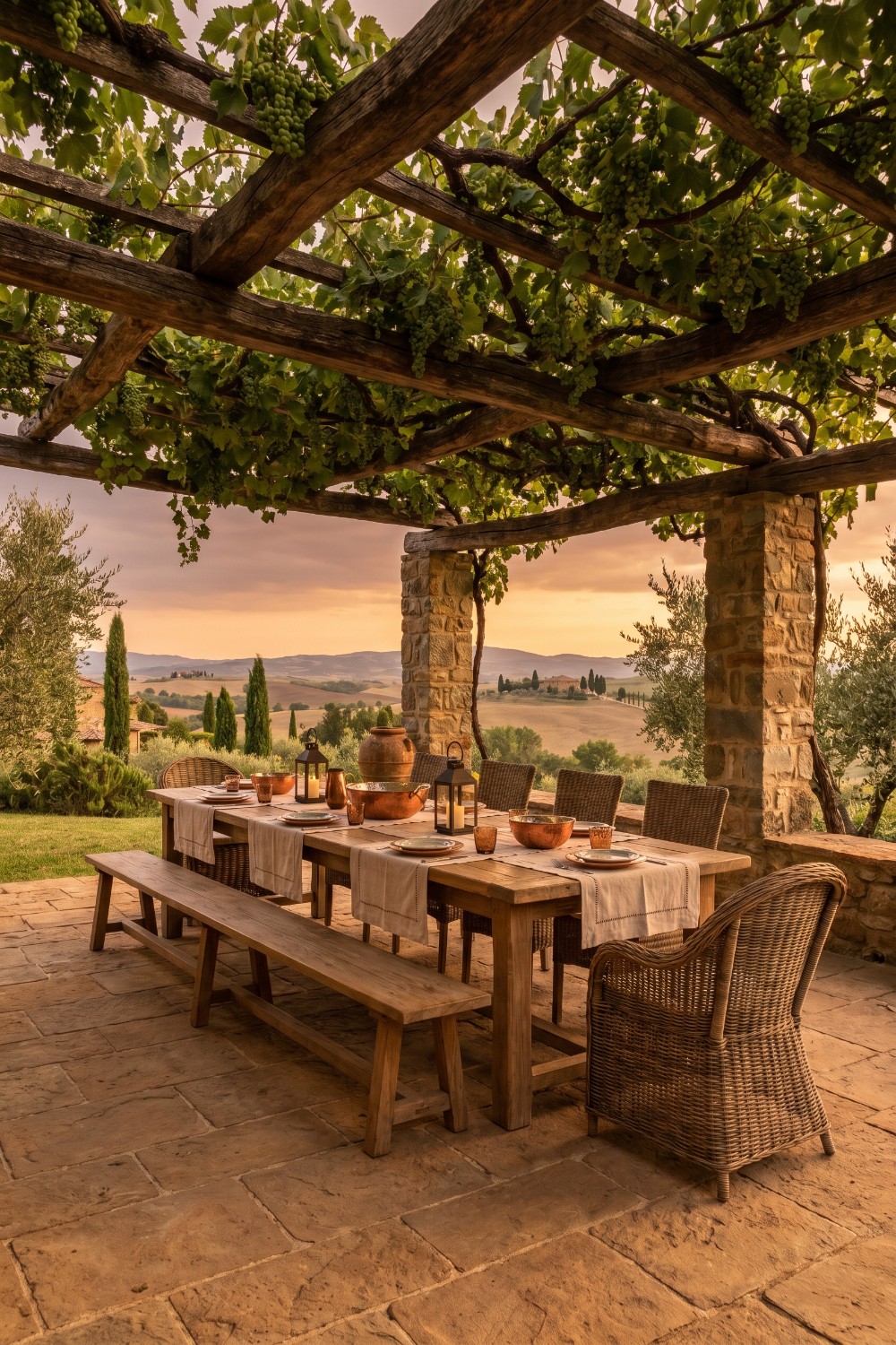 Stone Pillars and Wicker Seating in Tuscany Italy
