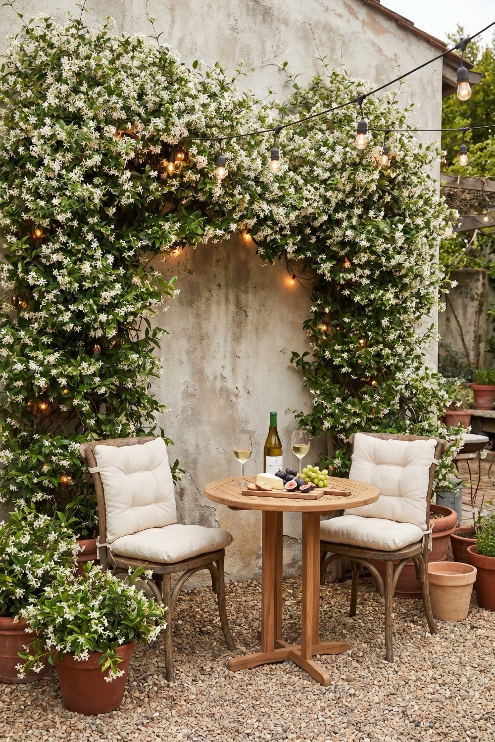 Jasmine Trellis Wall with String Lights and Bistro Set