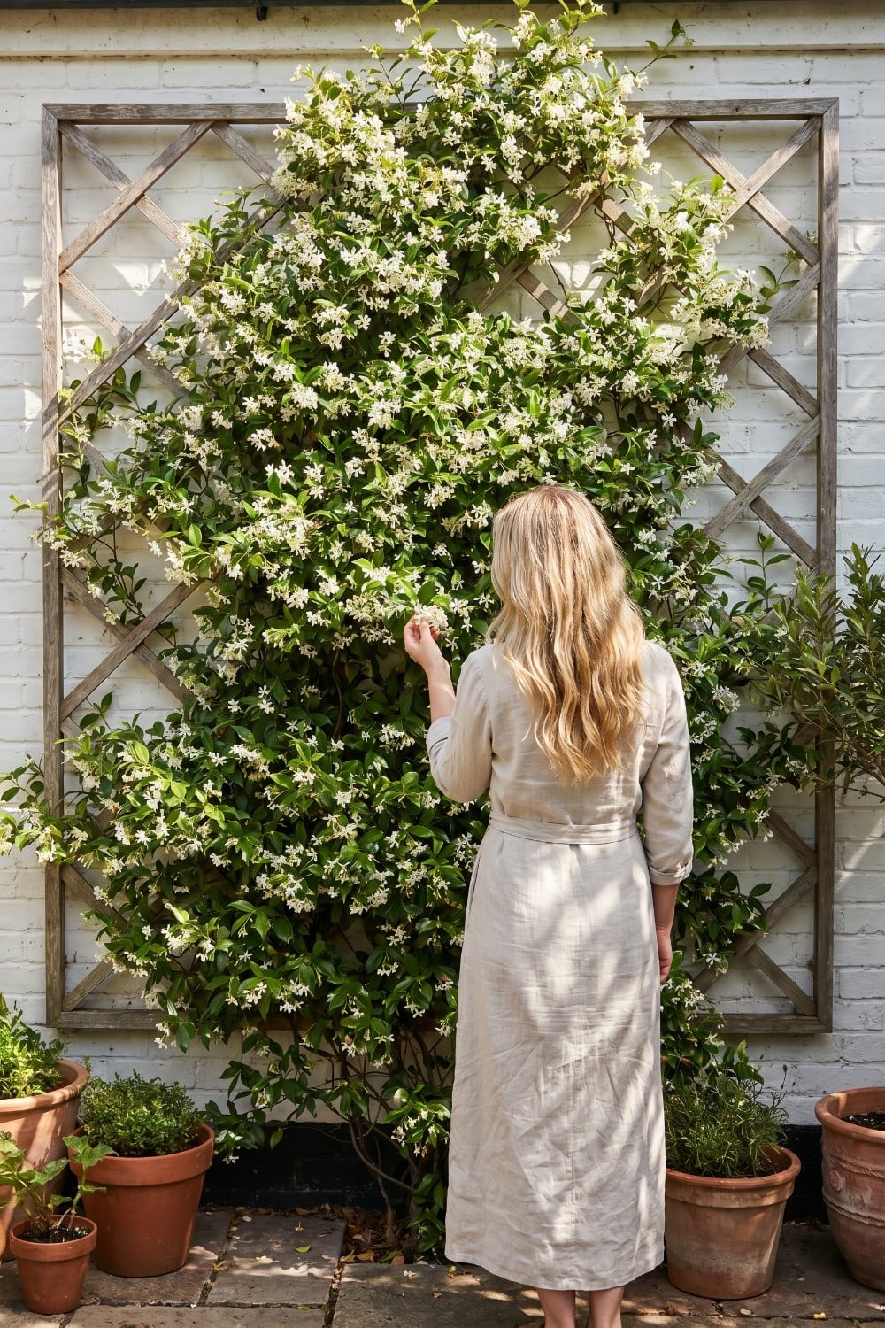 Fragrant Jasmine Trellis Wall on Painted Brick
