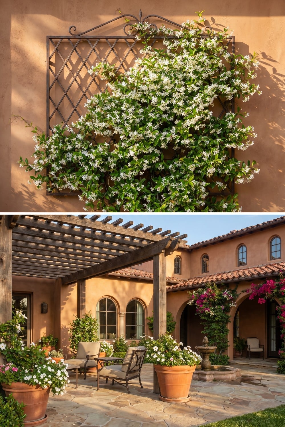 Wrought Iron Jasmine Trellis Wall in Mediterranean Courtyard
