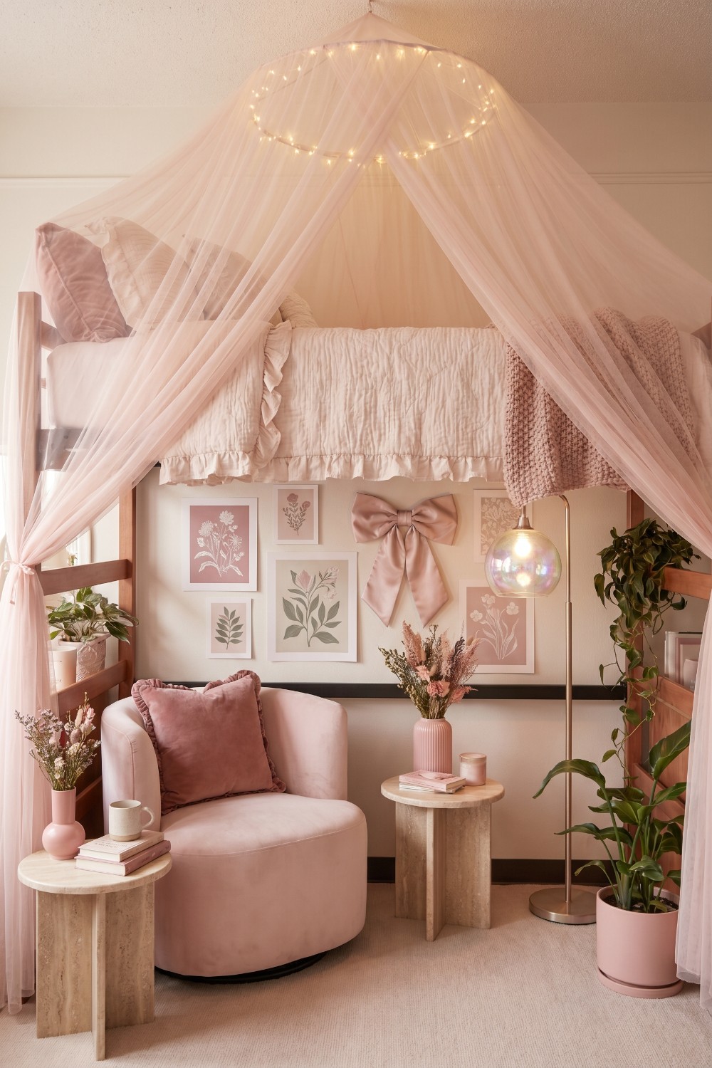Light Pink Dorm Room with a Tulle Canopy