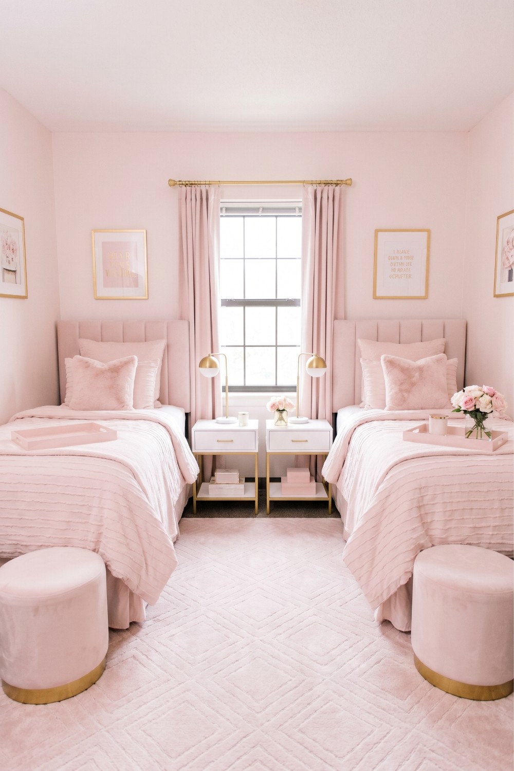 Symmetrical Light Pink Dorm Room with Gold Accents