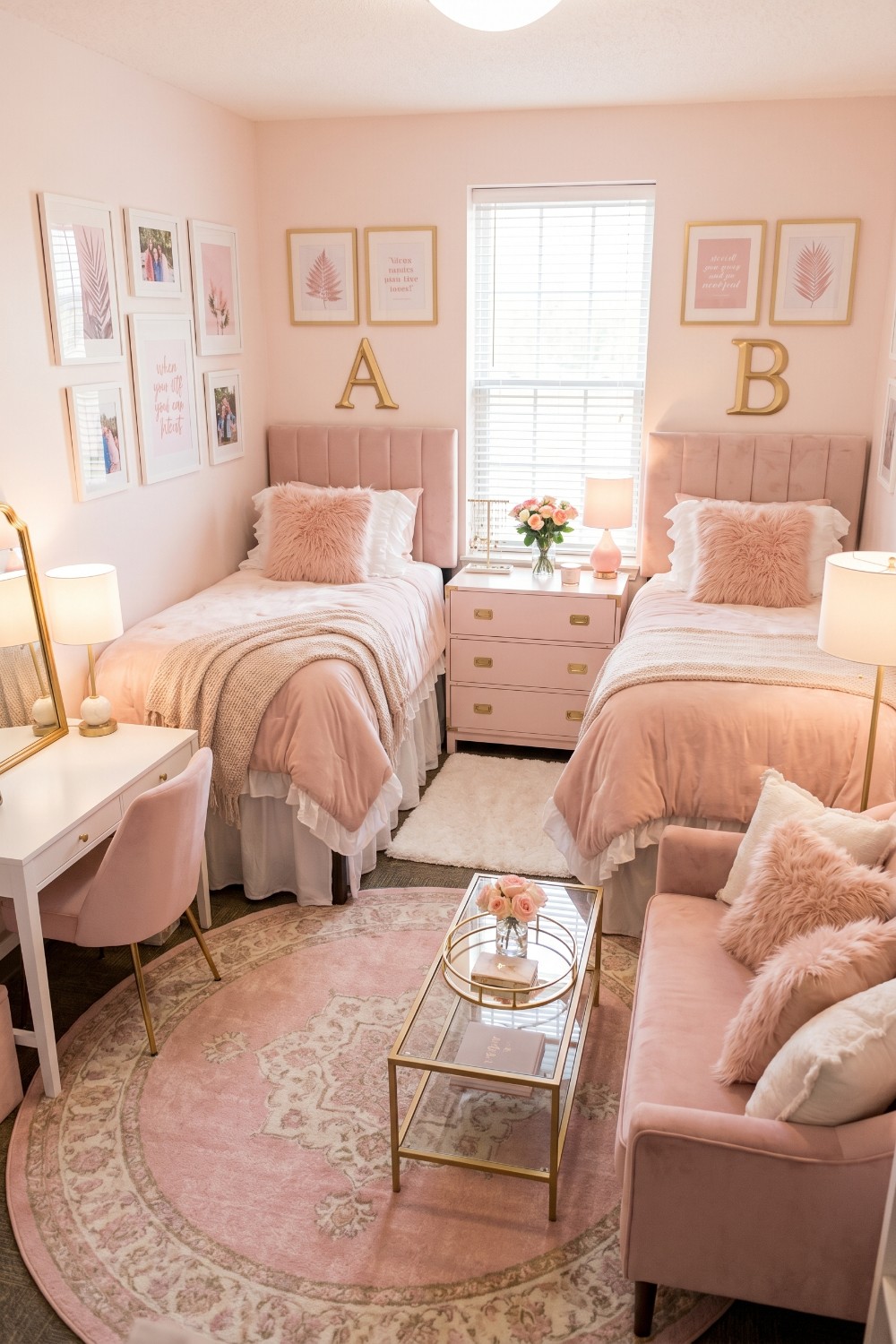 Light Pink Dorm Room with a Shared Loveseat
