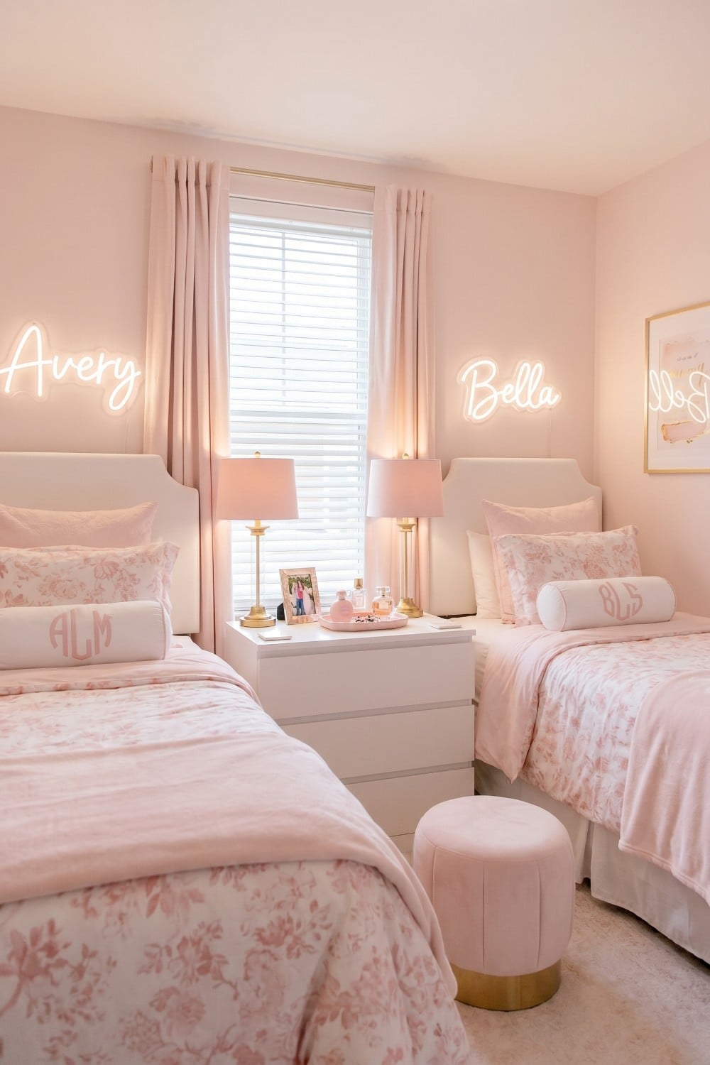 Light Pink Dorm Room with Neon Name Signs