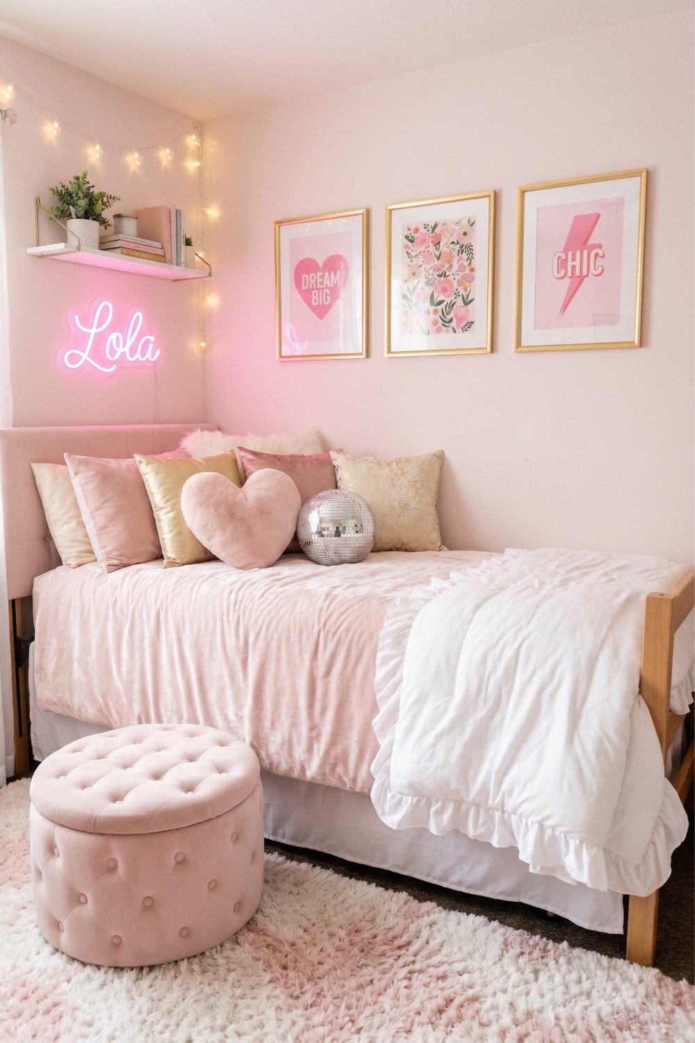 Light Pink Dorm Room with a Disco Ball