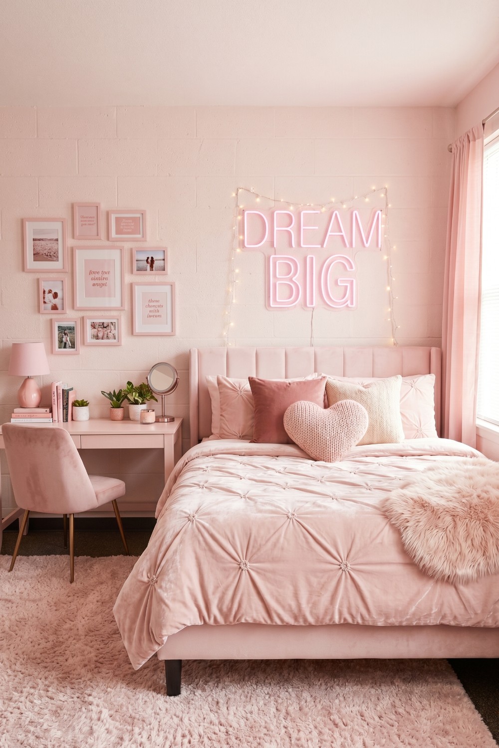 Light Pink Dorm Room with Pintuck Bedding