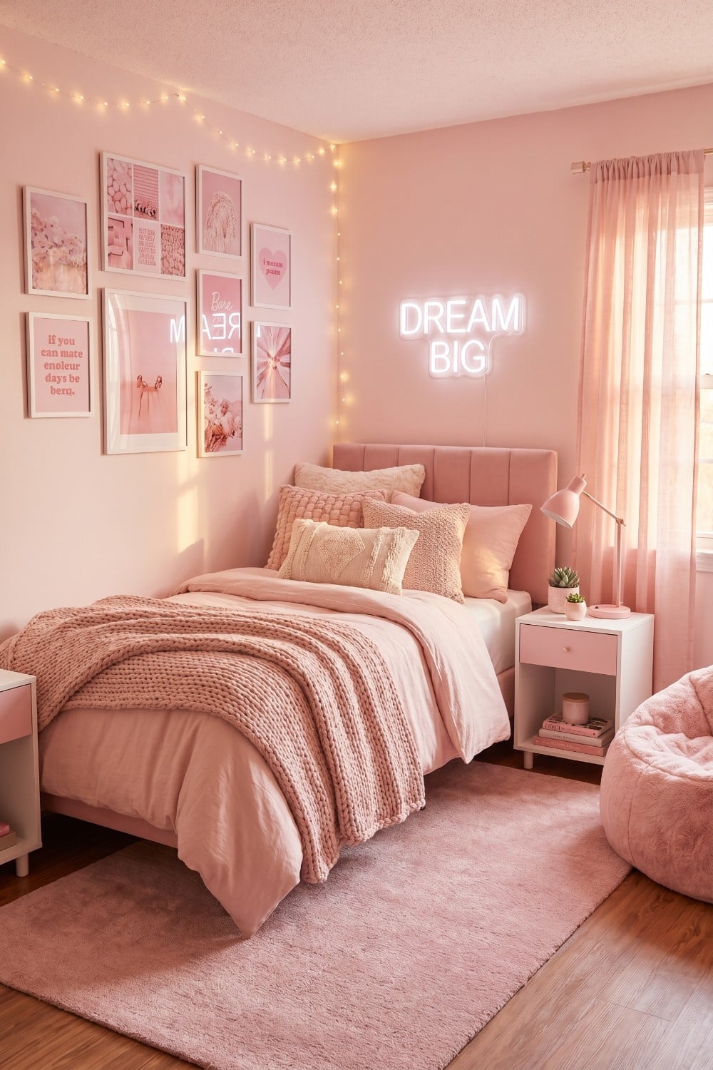 Light Pink Dorm Room with a Chunky Knit Blanket