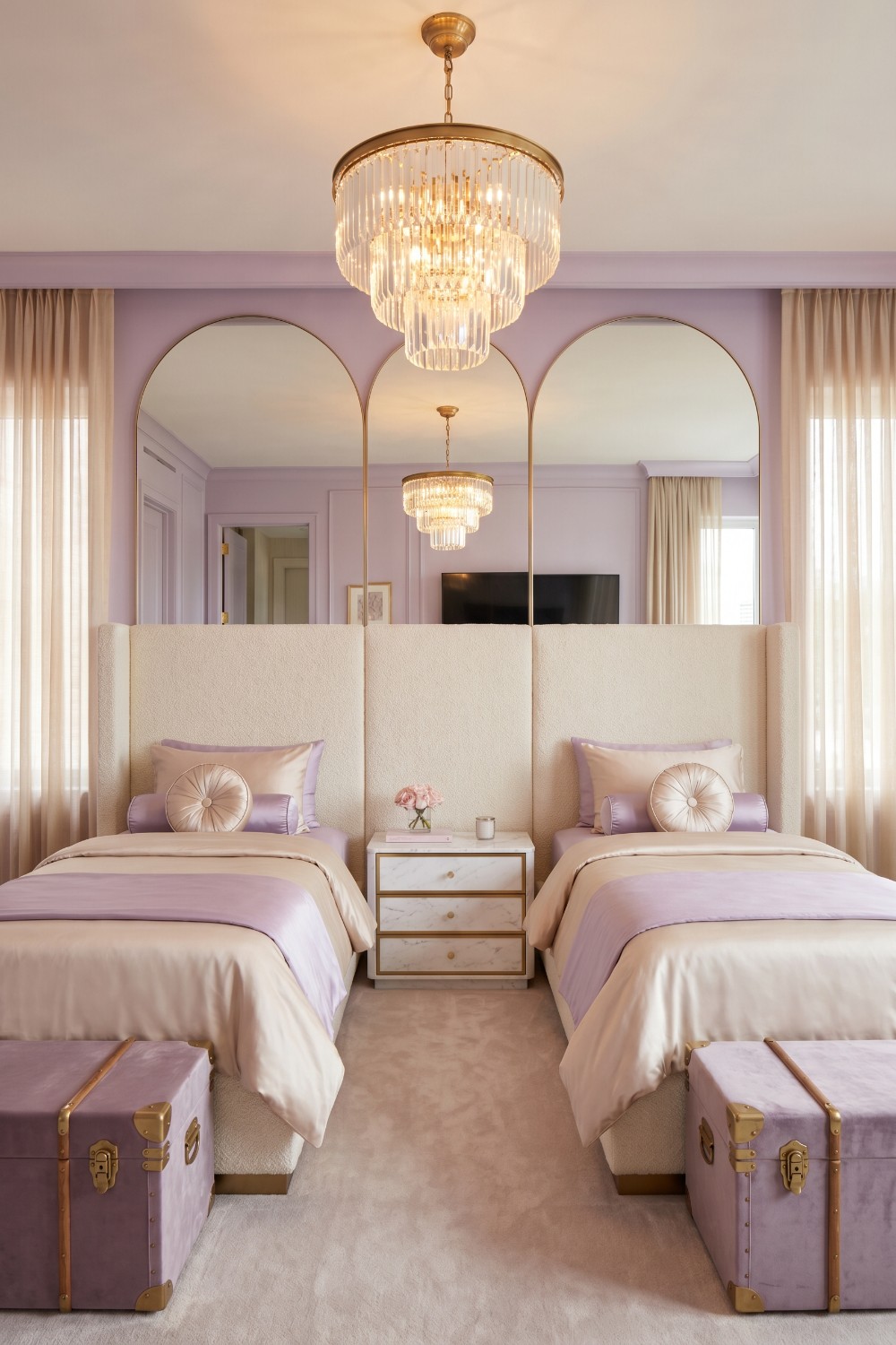 Luxury Dorm Room with Lavender and Gold Trunks