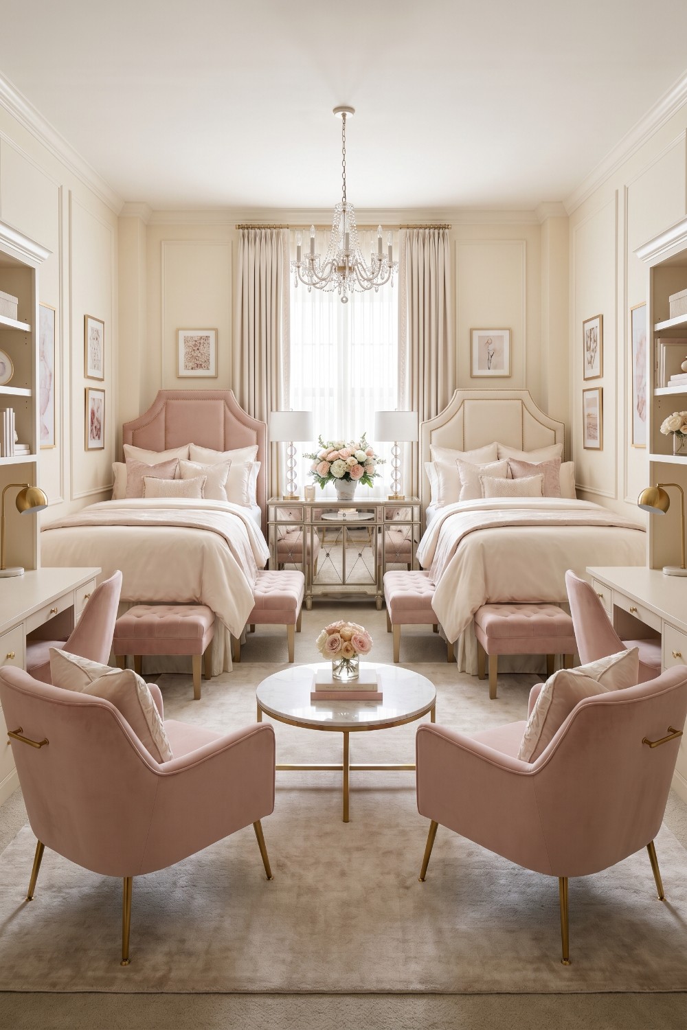 Symmetrical Luxury Dorm Room with Crystal Chandelier