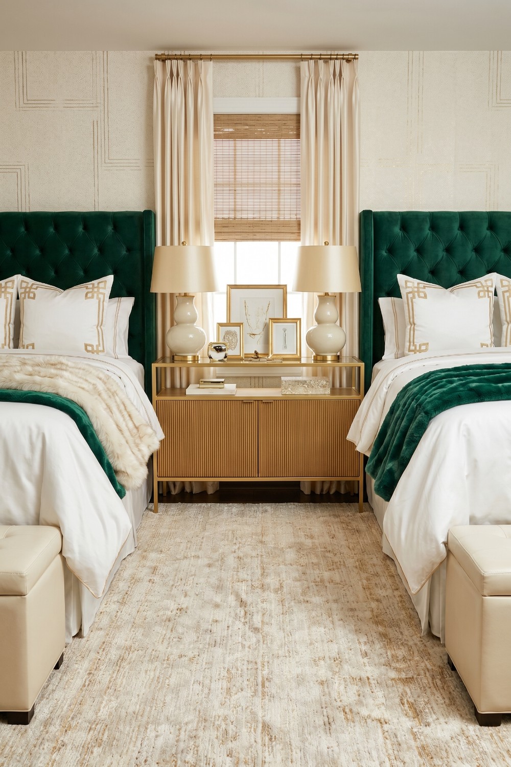 Luxury Dorm Room with Emerald Tufted Headboards