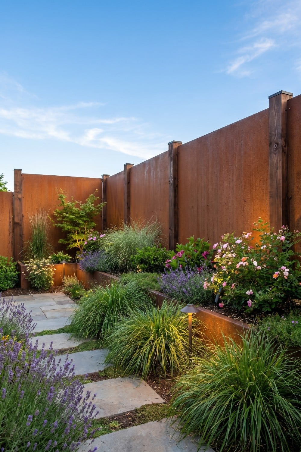 Rusted Metal Privacy Fence with Dark Wood Posts