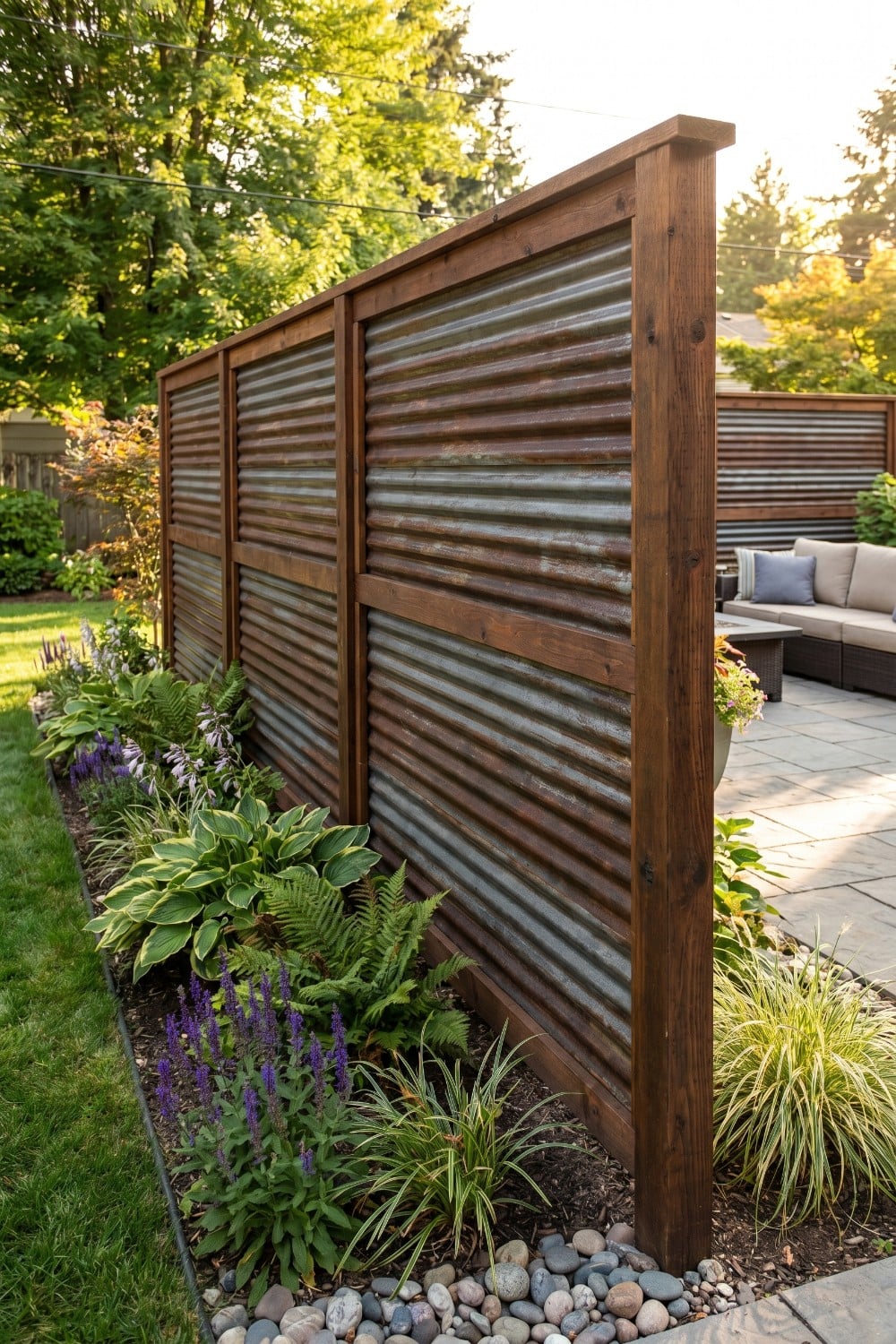 Corrugated Metal Privacy Fence with Warm Timber Accents