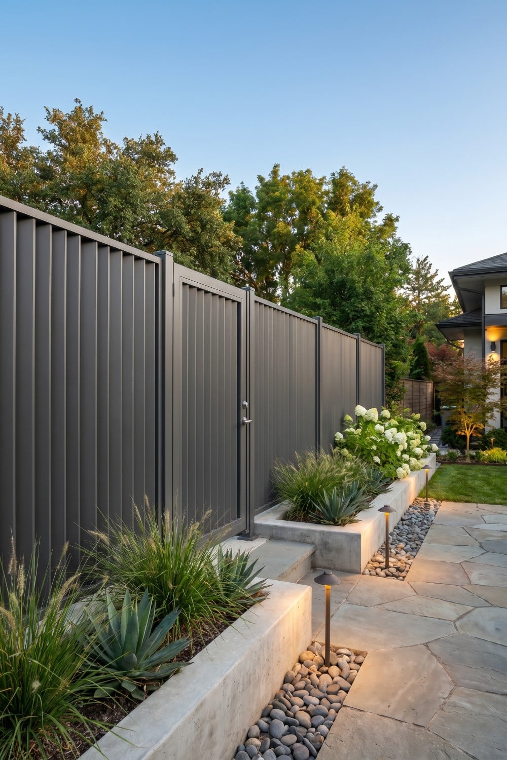 Vertical Charcoal Metal Privacy Fence and Flagstone Path