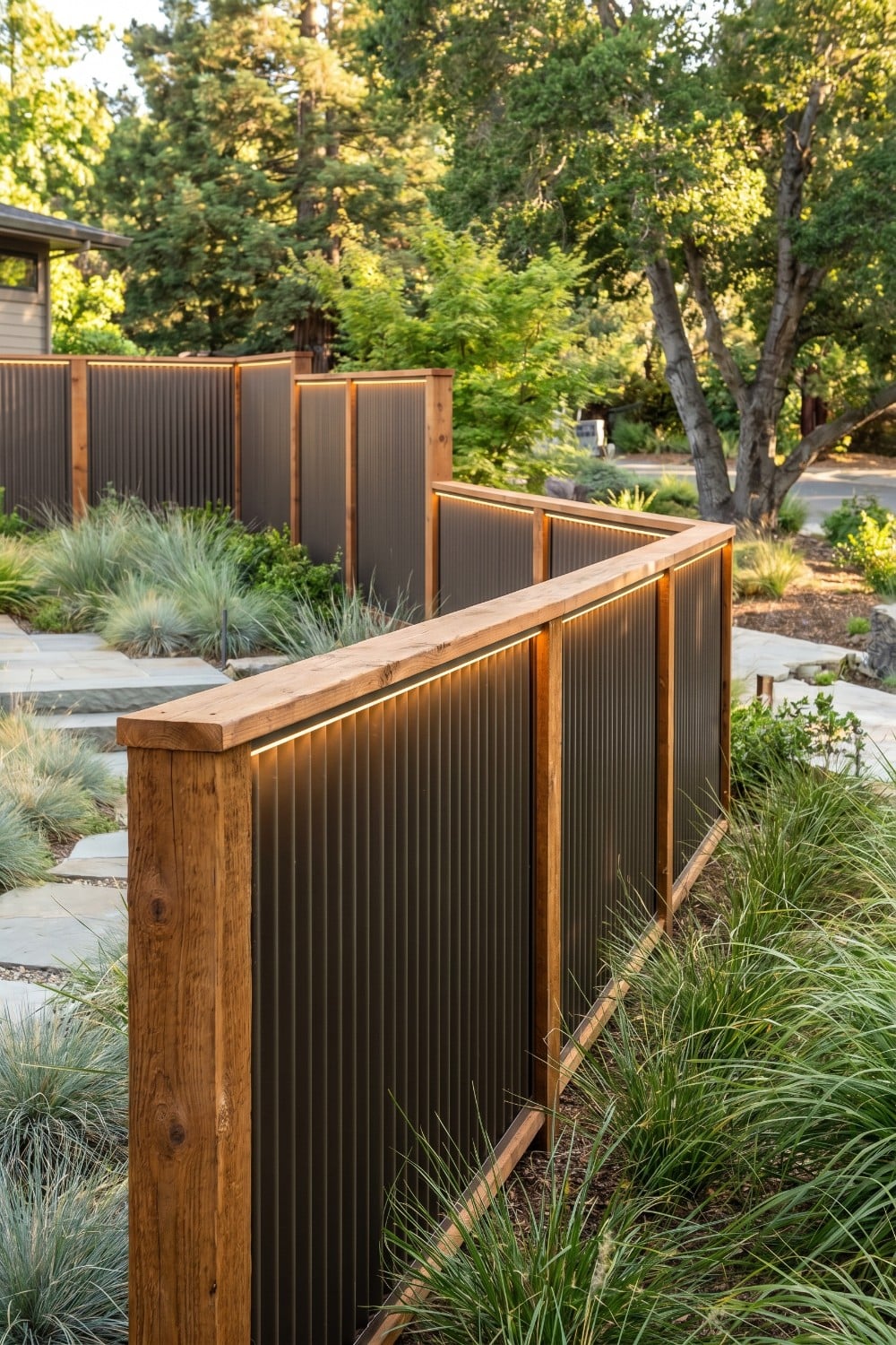 Stepped Ribbed Metal Privacy Fence with Soft Glow