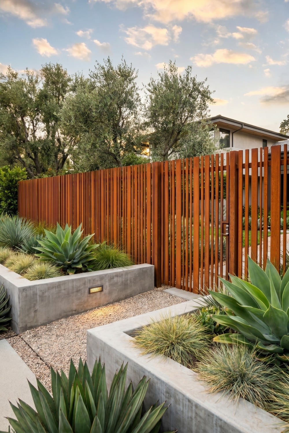 Oxidized Slatted Metal Privacy Fence and Concrete Planters