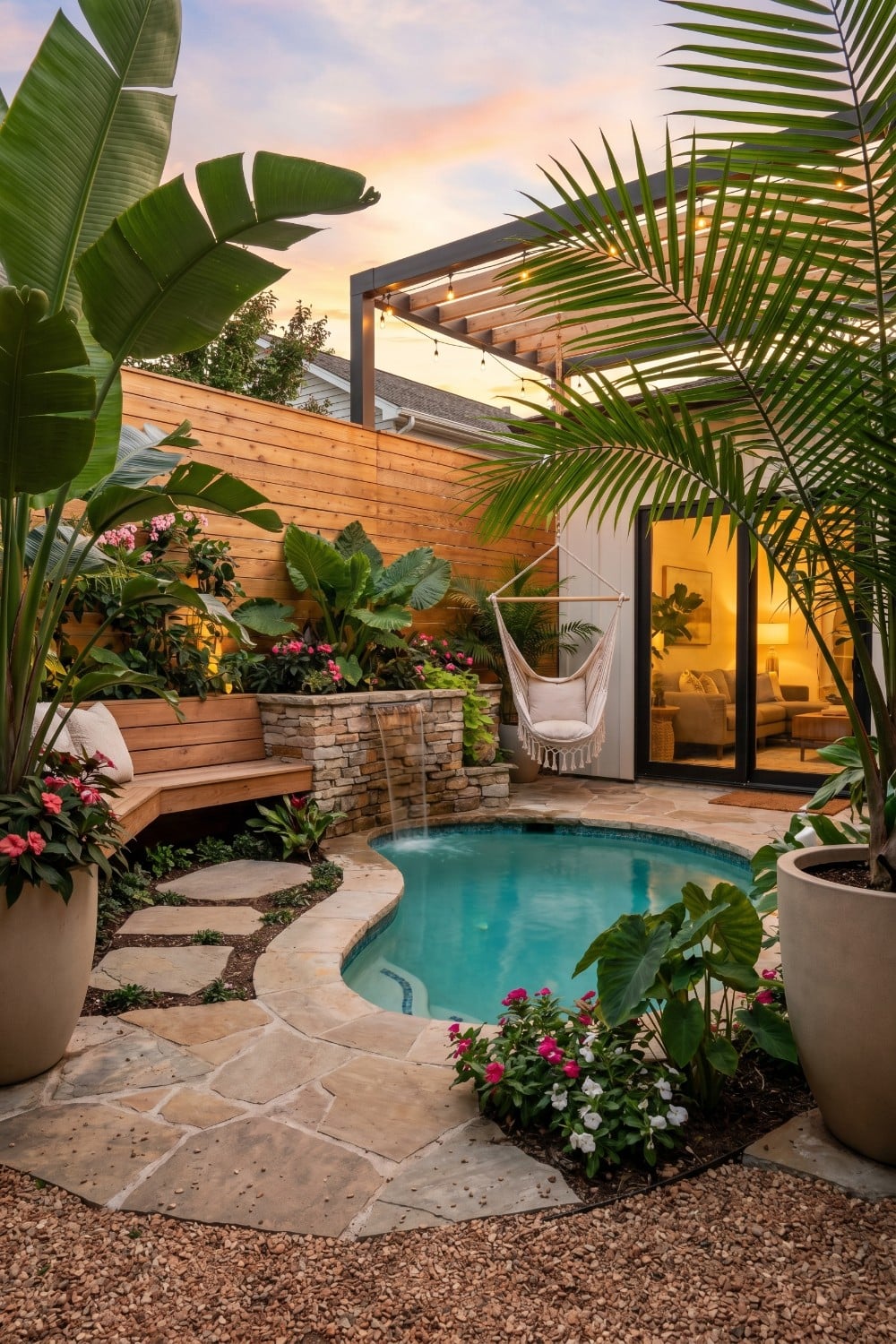 Mini pools for small yards with a hanging chair