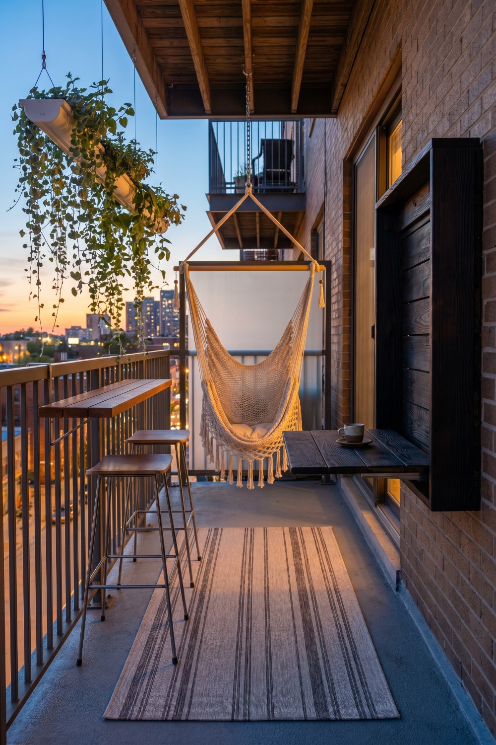 Narrow Balcony with Fringed Hammock and Wall Desk
