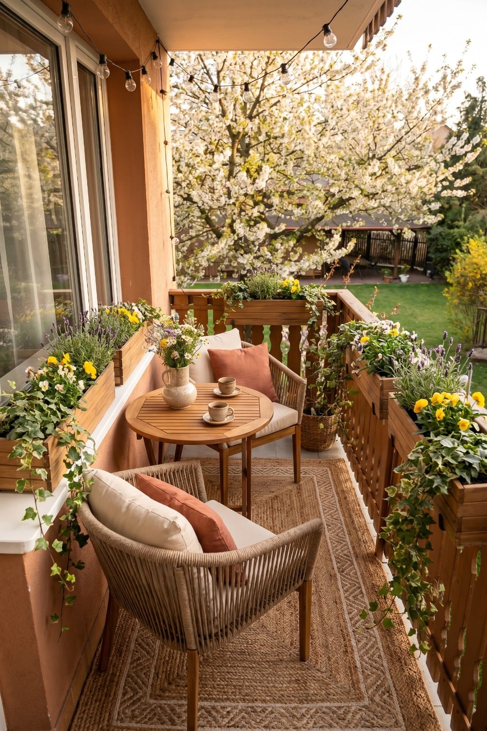 Narrow Balcony with Terracotta Accents and Jute Rug