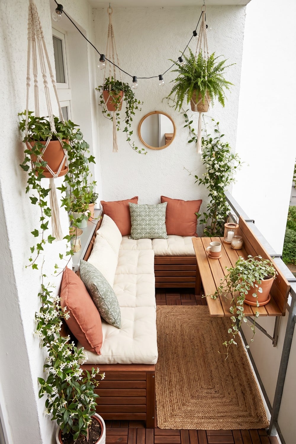 Narrow Balcony with Macrame and Tufted Cushions