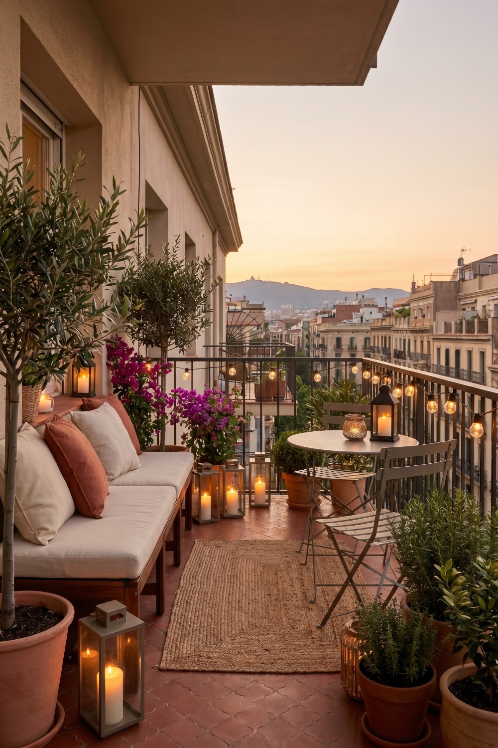 Narrow Balcony with Candlelight and Potted Olive Trees