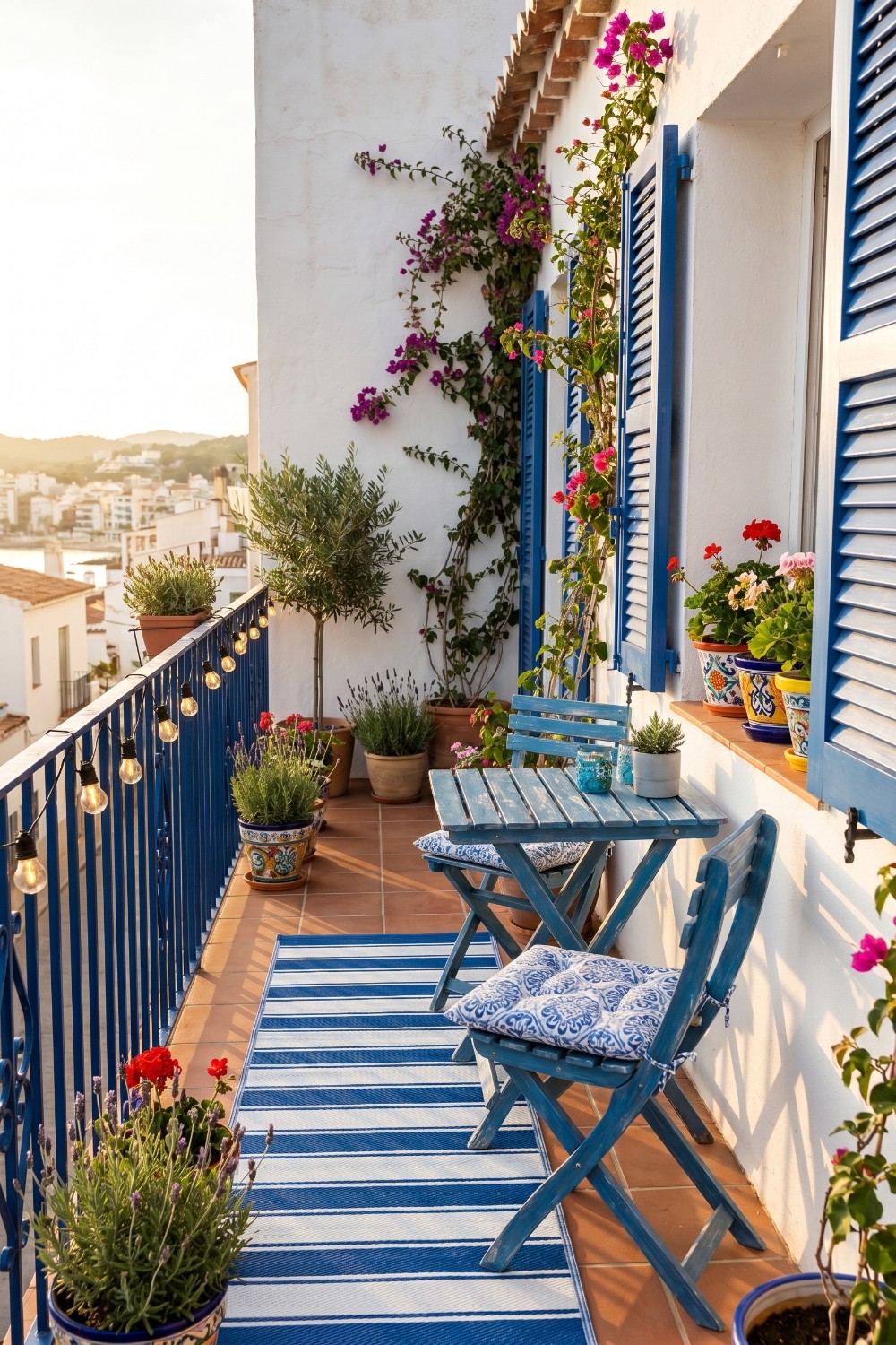 Narrow Balcony with Blue Shutters and Striped Rug
