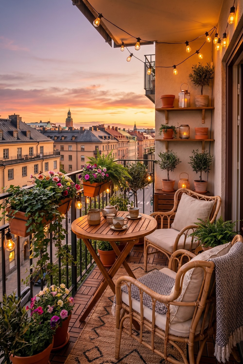 Narrow Balcony with Rattan Chairs and Hanging Planters