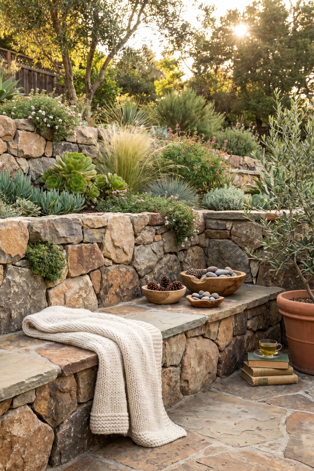 Natural rock retaining wall with succulents and stone bench