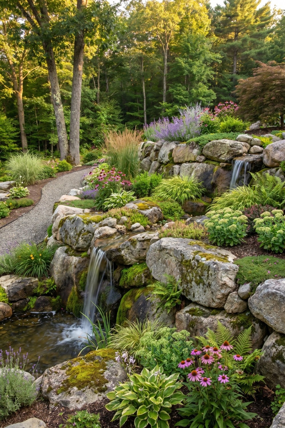 Mossy natural rock retaining wall with cascading waterfalls