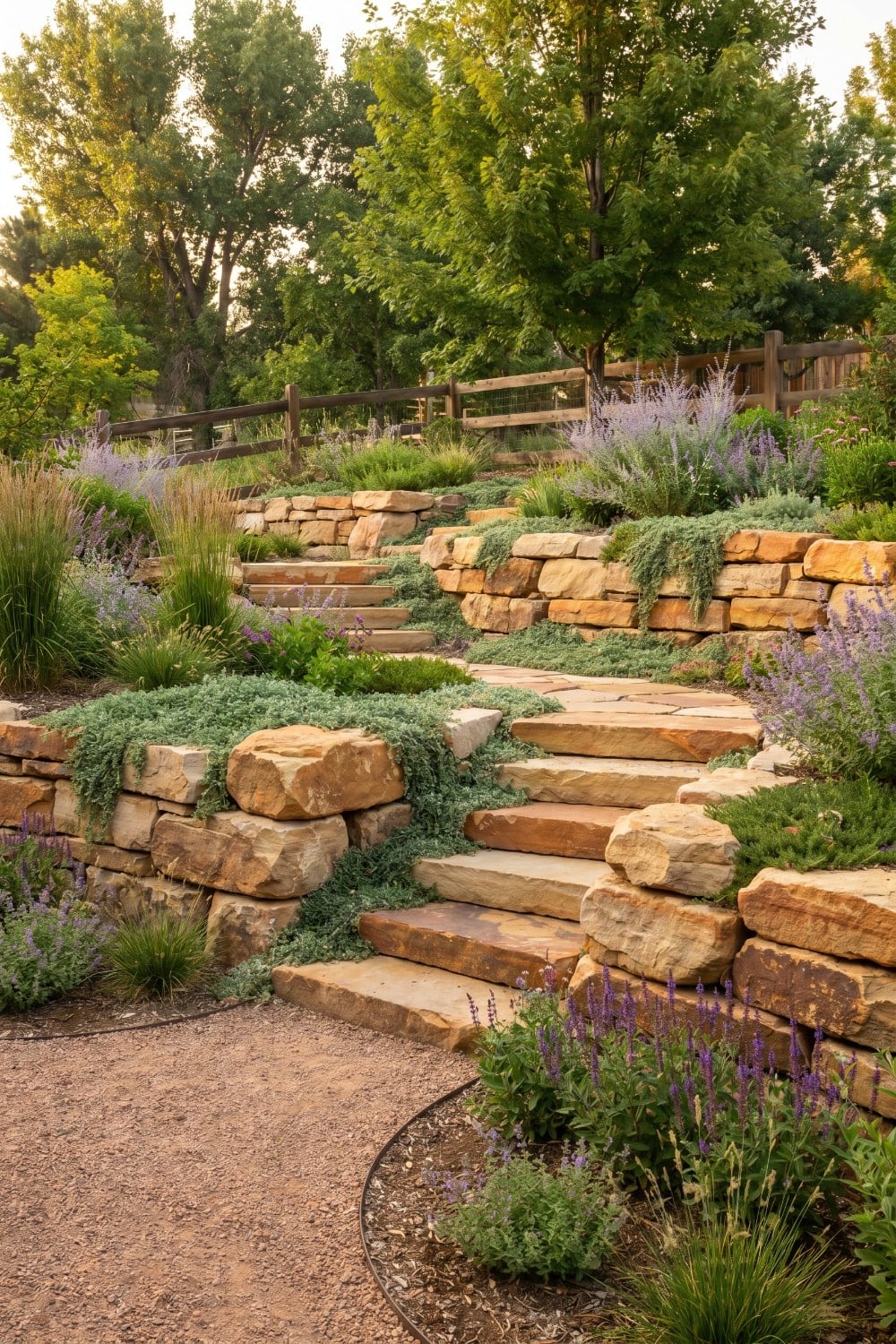 Natural rock retaining wall with golden flagstone steps
