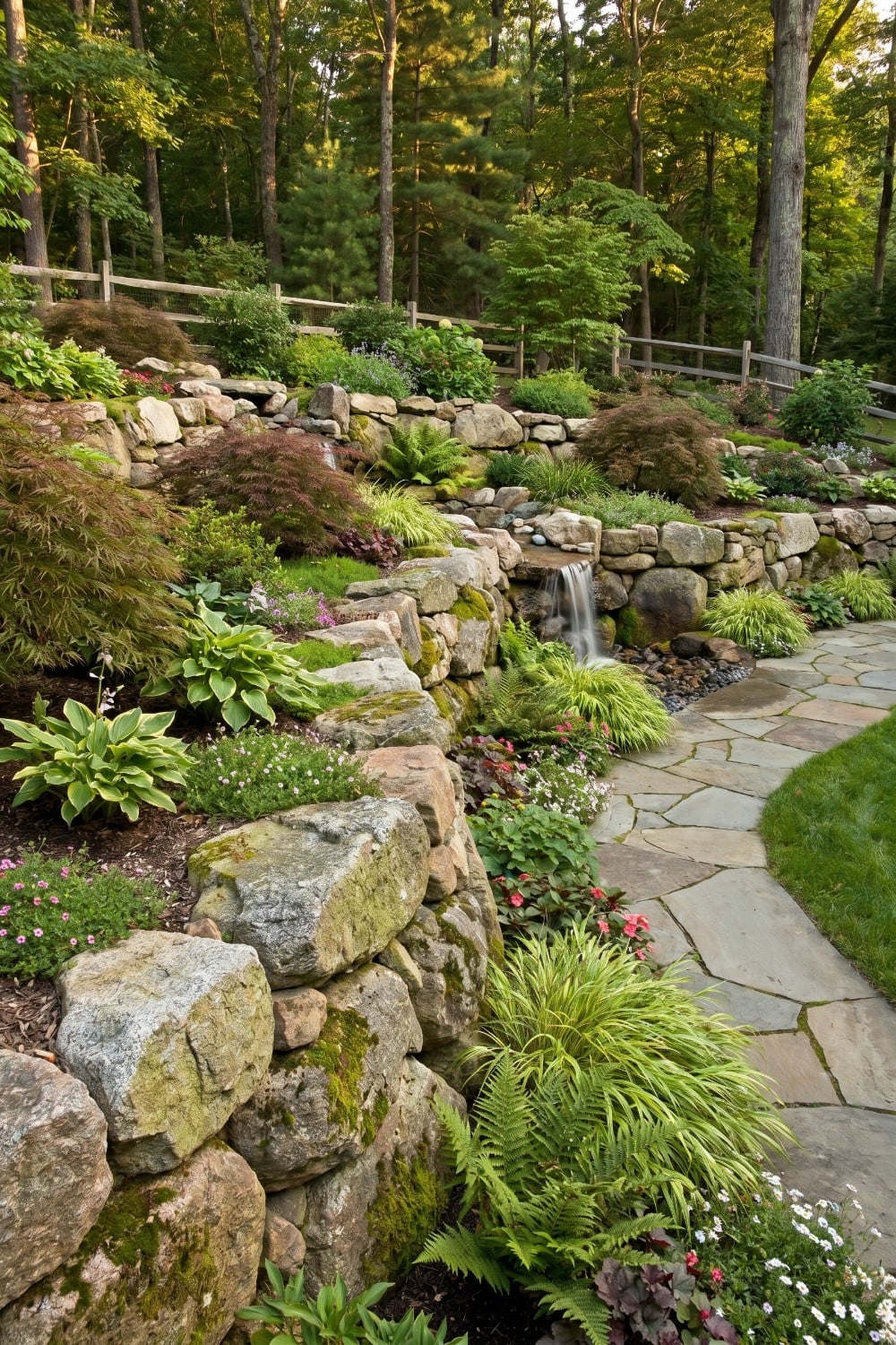 Natural rock retaining wall with lush ferns and hostas