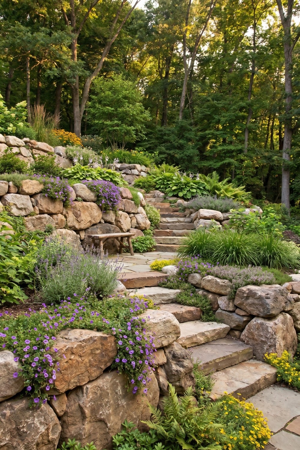 Woodland staircase with natural rock retaining wall