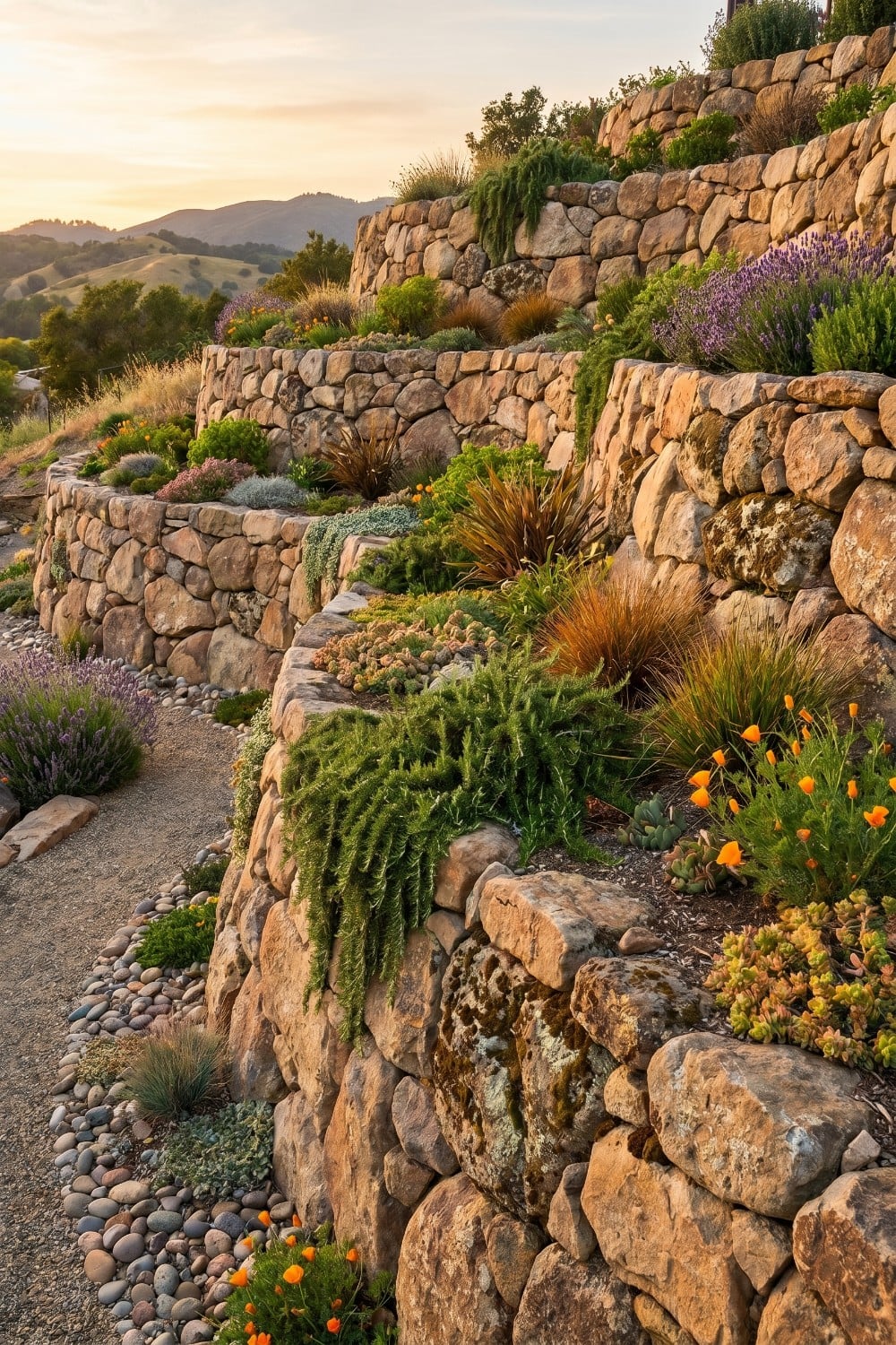 Natural rock retaining wall with lavender and poppies