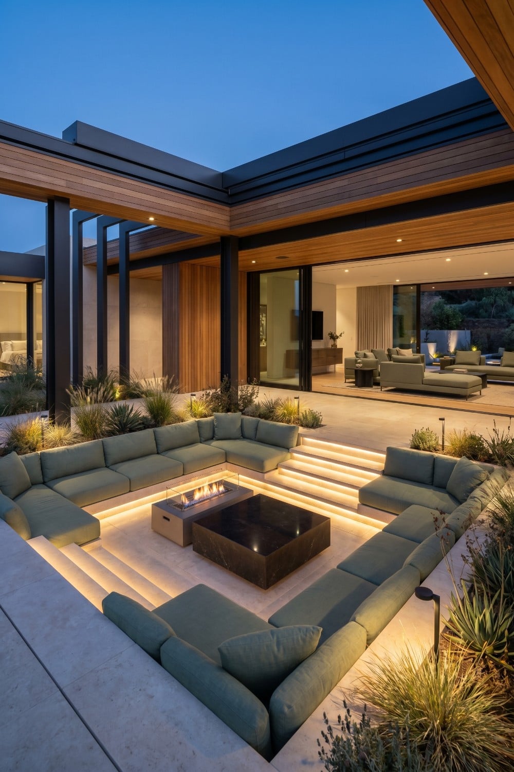 Sage Cushions and Glowing Steps Outdoor Entertaining Area