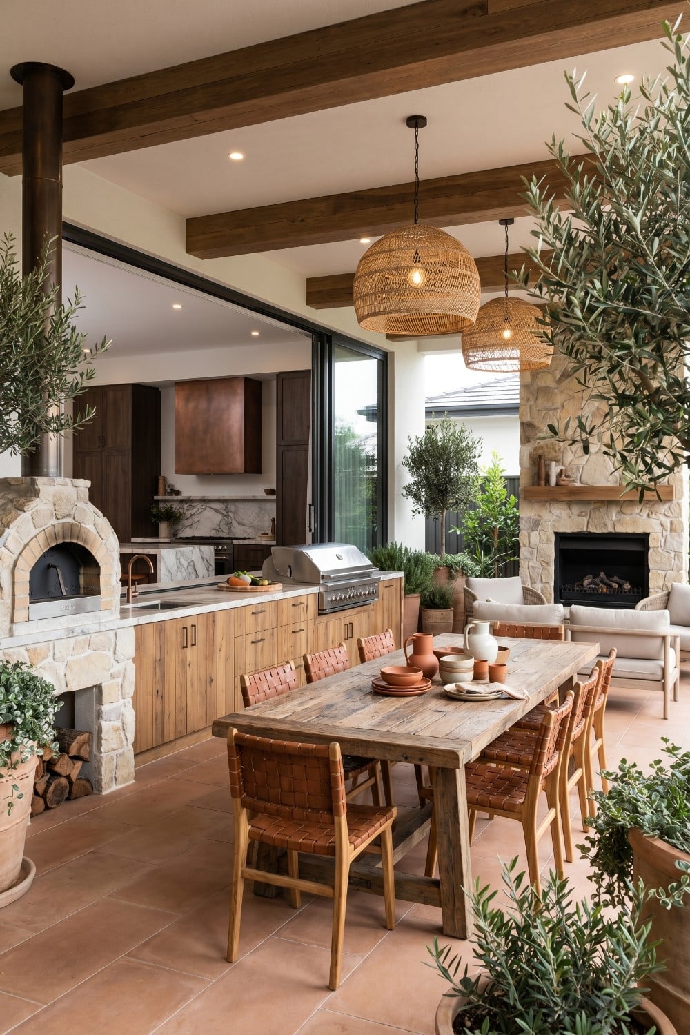Woven Pendants and Leather Chairs Outdoor Entertaining Area