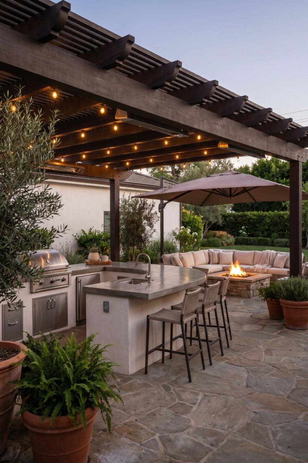 String Lights and Concrete Bar Outdoor Entertaining Area