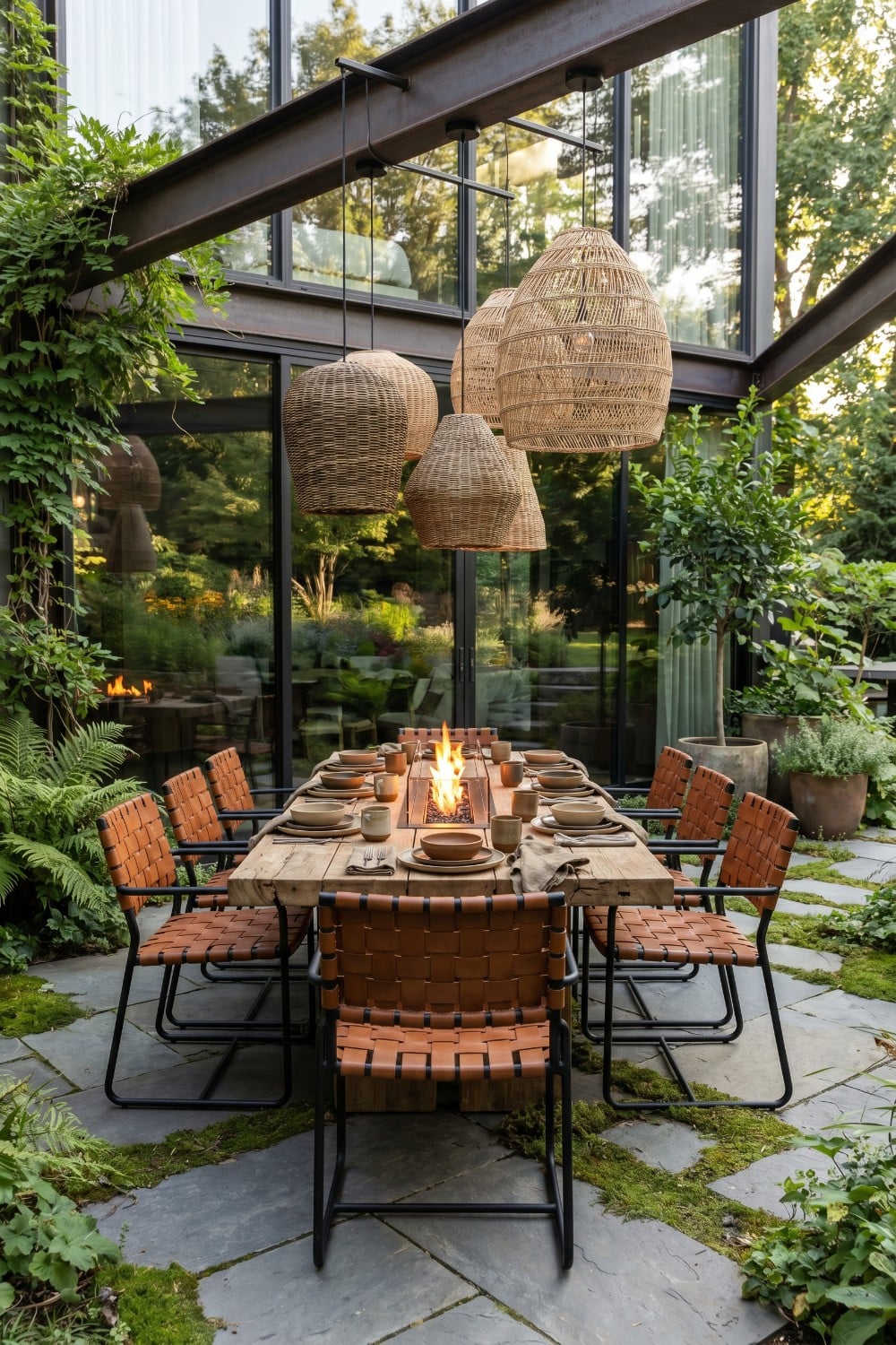 Patio dining with cognac leather and central fire feature